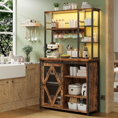HOOBRO Bakers Rack with Power Outlet and LED Light, Microwave Stand with Sliding Barn Door, Coffee Bar Cabinet with 6-S Hooks, Kitchen Storage Shelf with Cabinet, Rustic Brown and Black BF23UDHB01