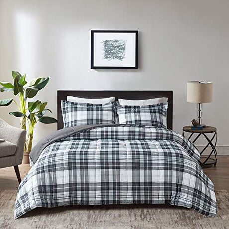 Madison Park Essentials Parkston Plaid Comforter, Matching Sham, 3M Scotchguard Stain Release Cover, Hypoallergenic All Season Bedding-Set, Full/Queen, Black, 3 Piece Madison Park