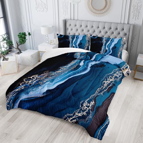 Nttopship Blue Marble Comforter Set Queen Size Deep Blue Marble Bedding Set Soft Microfiber Minimalist Wind Comforter Sets 3 Pieces with 2 Pillowcases Nttopship