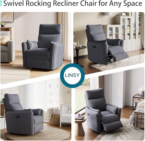 LINSY 360 Swivel Recliner Chair, Nursery Glider Rocking Chair with 2 Pillows, Corduroy Nursing Chair Comfy High Back Adult Rocker Recliner for Small Spaces, Nursery Bedroom Living Room (Gray)
