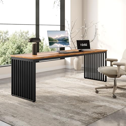LITTLE TREE Two Person Desk, 78.74" Extra Long Computer Desk for 2 People, Rustic Brown Wooden Double Study Desk with Black Heavy Duty Metal Legs, Large Business Workstation for Home Office LITTLE TREE