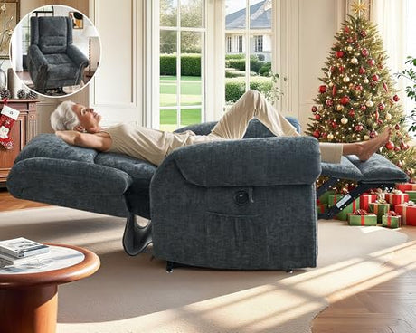 HUSFU Power Lift Recliner Chair for Elderly, Dual Motor Lift Chair with Heat and Massage,Lay Flat Lift Chair Infinite Position Sleeping Chair w/USB Ports and Remote Control,Chenille,Grey Blue HUSFU