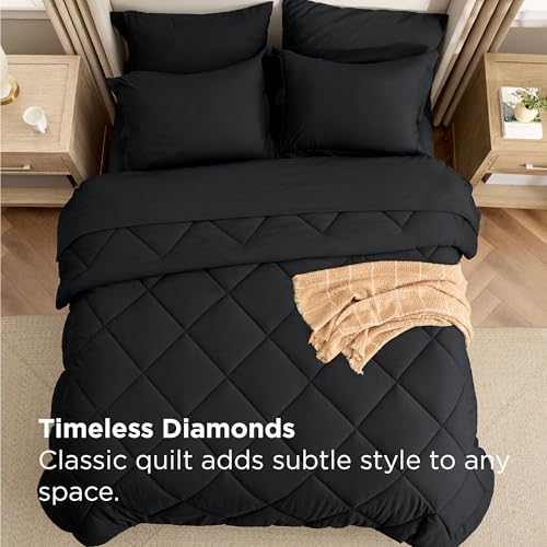 Bedsure Premium Series 7 Piece Black Queen Comforter Set, Goose Down Alternative, All Season Medium Warmth, Soft Hotel Luxury Bed in a Bag, Safe for Sensitive Skin, Includes Sheets Pillowcases Shams Bedsure