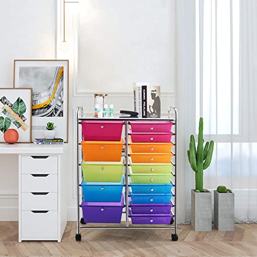 GOFLAME 15-Drawer Rolling Storage Cart, Multipurpose Movable Organizer Cart, Utility Cart for Home, Office, School, Rainbow - WoodArtSupply