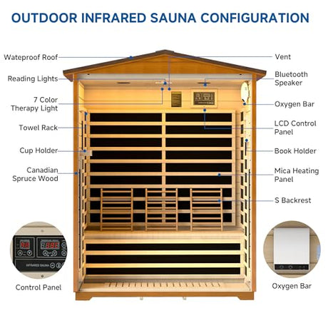 RESTISLAND Outdoor Sauna 3 Person, Far Infrared Sauna for Home Low EMF, Wooden Spa Dry Saunas Room with Infrared Lighting and Bluetooth Speakers, 7 Colors Chromotherapy for Outdoor, Indoor and Gym RESTISLAND