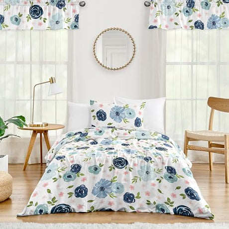 Sweet Jojo Designs 2-Piece Twin Comforter Set (Blue/Pink Boho Floral) for Girls, Kids, Teen, College Bed Room incl. Single Size Bedding & Sham (Watercolor, Flower, Elegant Rose, Farmhouse, Blush Navy) Sweet Jojo Designs