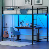 VINGLI Loft Bed Twin Size with 15 Inches Safety Guardrail, Flat Rungs, LED Lights and Charging Station, Heavy Duty Metal Single High Sleeper for Small Space Saving, Kids room and Dorm Apartment, Black VINGLI