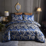 Raytrue-X Comforter Set Satin Silk Blanket All Season Bed Luxury Royal Blue Jacquard Quilt Bedding Sets Matching 2 Pillow Shams (Full/Queen, 88x88 inches, 3 Pieces) Raytrue-X
