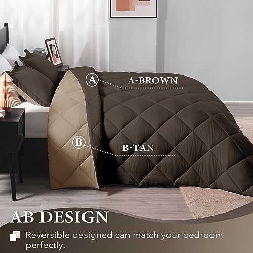 downluxe Full Size Comforter Set - Brown and Tan Full Comforter - Soft Bedding Sets for All Seasons -3- Piece Comforter Set Full with 2 Reversible Pillow Shams