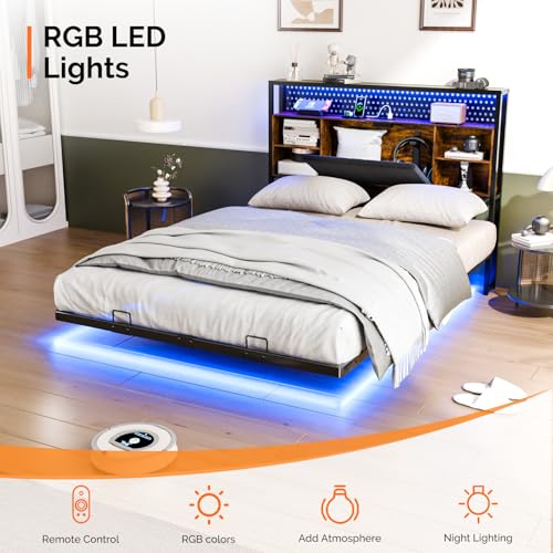 VINGLI Full Size Floating Bed Frame with Headboard, LED Lights & Charging Station, Cozy Velvet Upholstered Headboard, Hidden Storage, Heavy Duty Metal Frame, No Box Spring Needed, Easy Assembly, Black VINGLI