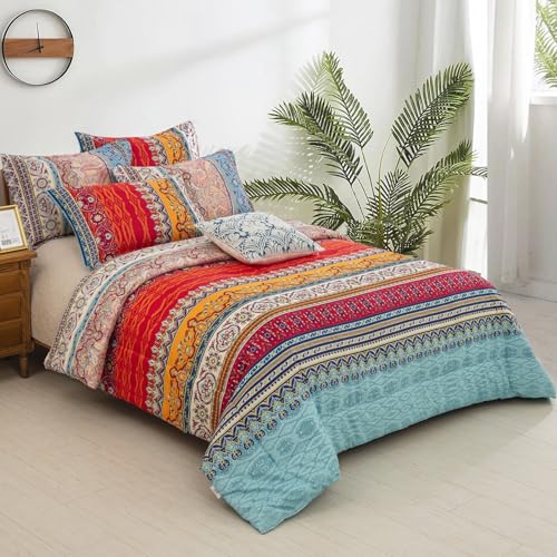 Goodidea Striped Bohemian Comforter Set Queen Size 3 Pieces Boho Hippie Geometric Bedding Set Soft Breathable Reversible Microfiber Boho Comforter with 2 Pillowcases(20"x26") Goodidea
