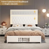 XEPAMU Full Size Bed Frame with Storage,Full Bed Frame with LED Lights Headboard and Charging Station,Velvet Upholstered Bed with Storage Footboard,Sliding Barn Door Noiseless No Box Spring Needed XEPAMU