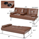Giantex Convertible Futon Sofa Bed, Faux Leather Sectional Couch Sleeper, Removable Armrests 2 Cup Holders Backrest Adjustable, Upholstered Small Guest Bed for Apartment Living Room Brown Giantex