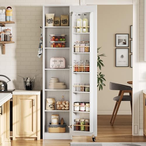IRONCK Narrow Kitchen Pantry Storage Cabinet, 72" Slim Single Door with 6 Adjustable Shelves, Door Rack and Wheels, Space Saving Freestanding Storage Floor Cabinet for Small Place, White IRONCK