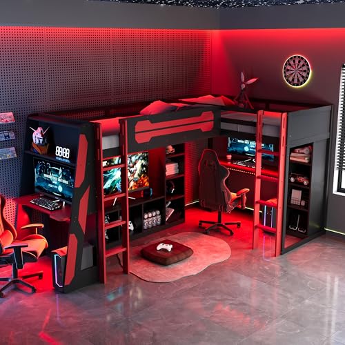 Merax Twin Size Gaming Loft Bed with Desk, TV Stand and Storage Shelves, Solid Wood Dual Twin Bed Frame with RGB LED Lights & USB Ports for Teens Bedroom, Space-Saving Design, Reversible Layout, Red Merax