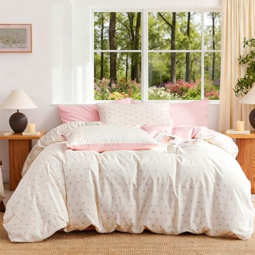 CCoutueChen 100% Cotton Duvet Cover Queen Pink Bow Bedding Set for Girls Kids Cute Bowknot Duvet Cover Set, Soft Comfy 3 Pieces, 2 Pillowcases, Zipper Closure CCoutueChen