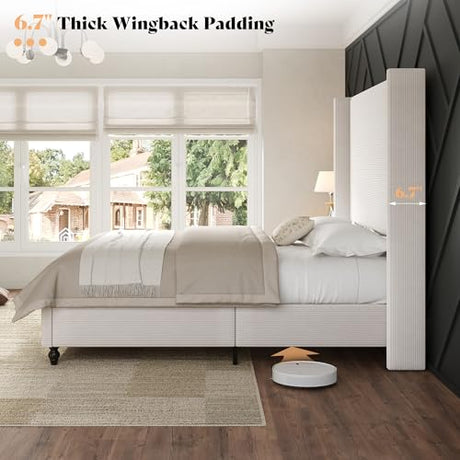 AMERLIFE King Size Bed Frame with 65" Tall Headboard, Upholstered Corduroy Bed Frame with Wingback, Platform Bed with Solid Wood Gourd Legs, Solid Slats, No Box Spring Needed, Cream AMERLIFE