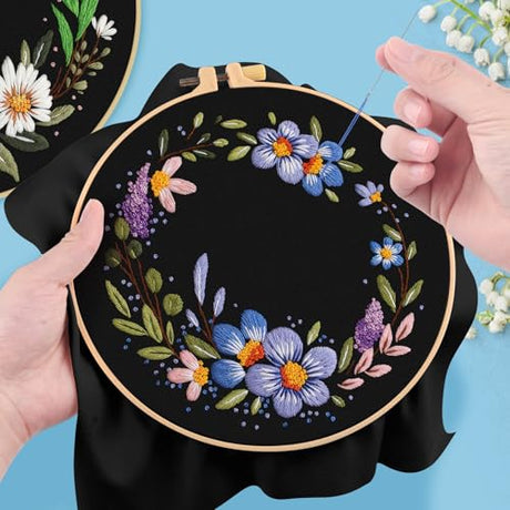 ERKOON 3 Sets Embroidery Kit, Floral Cross Stitch Set for Include Embroidery Cloth Hoops Threads for Craft Lover Hand Stitch (Garlands) ERKOON
