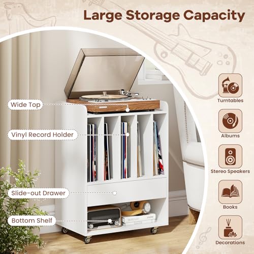 Giantex Record Player Stand, Rolling Turntable Stand with Drawer & Lockable Wheels, Record Player Table Holds Up to 150 Albums, Vinyl Record Storage for Living Room Bedroom, White Giantex