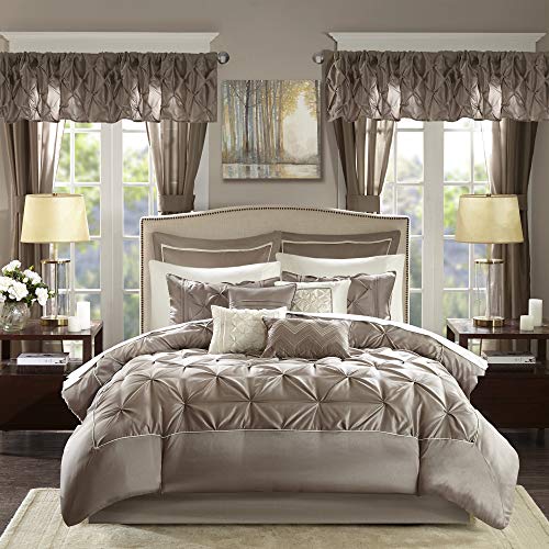 Madison Park Essentials Room in a Bag Faux Silk Comforter Set - Luxe Diamond Tufting All Season Bedding, Matching Curtains, Decorative Pillows, Taupe Queen(90"x90") 24 Piece Madison Park