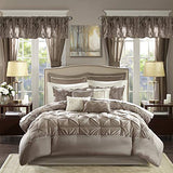 Madison Park Essentials Room in a Bag Faux Silk Comforter Set - Luxe Diamond Tufting All Season Bedding, Matching Curtains, Decorative Pillows, Taupe Queen(90"x90") 24 Piece Madison Park