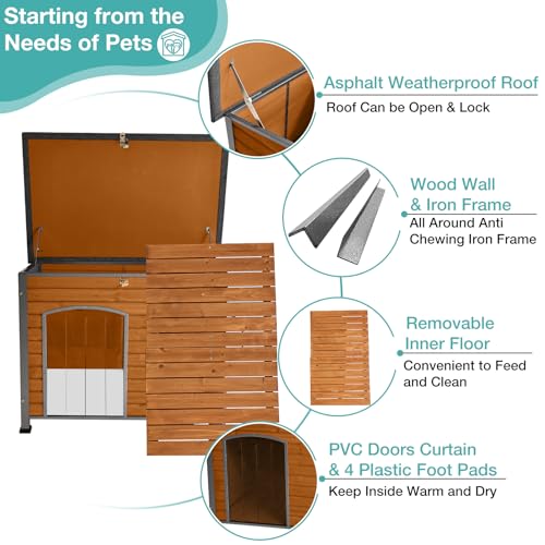 Indoor Outdoor Dog House,Anti-Chewing Iron Frame Dog Kennel,Wood Warm Pets Home,Insulated Weatherproof Outside Shelter (43.3" (L) x 29.4" (W) x 33.4" (H) Brown) Suumerpety
