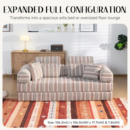KSTNLUXQ 79" Corduroy Sofa Bed Sleeper Couch, 6-in-1 Convertible Boneless Floor Futon Loveseat, High-Density Foam Couch in a Box with 2 Headrest Pillows, No Assembly, Red and White KSTNLUXQ