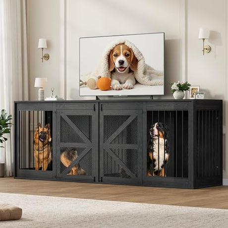 Nordee Axio 94.5 Inch Double Dog Crate Furniture, Farmhouse Dog Kennel TV Stand for 2 Large Dogs, Wooden Dog Cage Extra Large Breed with Divider & Solid Metal Tube, Black Nordee Axio