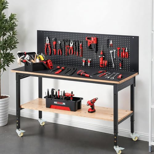 DNYKER 60" Adjustable Height Workbench, 3000 LBS Heavy Duty Work Table for Garage,Rubber Wood Workstation with USB Power Outlets/Wheels/Pegboard for Workshop, Office, Home DNYKER