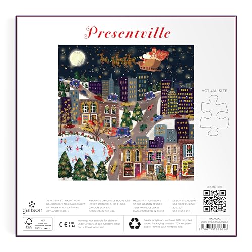 Galison Presentville 500 Piece Holiday Foil Puzzle Featuring Beautiful Artwork of A Cozy and Festive City Scene by Joy Laforme Galison