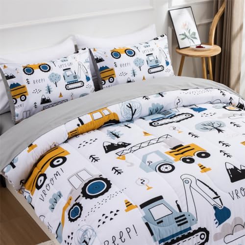NTBED 5 Pieces Construction Truck Twin Comforter Set for Boys Kids Forest Vehicles Excavator Lightweight Microfiber Bedding Sets NTBED