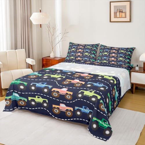 Feelyou 3D Truck Sheet Set Boys Cars Bed Sheets for Kids Girls Teens Freestyle Truck Decor Bed Set Blue Sheets with 2 Pillowcases 4Pcs Bedding Full Feelyou