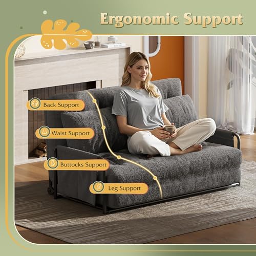 WLIVE Futon Sofa Bed, Floor Chair with Adjustable Backrest, Bean Bag Bed for Adults, with Armrest, Pillow, Low Profile for Living Room, Reading, Bedroom, Loveseat, Grey WLIVE