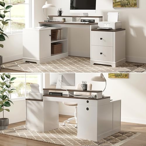 67" L Shaped Executive Desk with Drawers & Storage Shelf, Corner Computer Desk with Power Outlets, Home Office Desk with Monitor Stand, Printer Shelf, Computer Writing Desk for Work, Antique White CASSORA