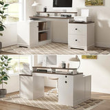 67" L Shaped Executive Desk with Drawers & Storage Shelf, Corner Computer Desk with Power Outlets, Home Office Desk with Monitor Stand, Printer Shelf, Computer Writing Desk for Work, Antique White CASSORA