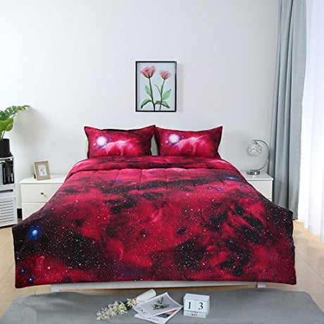 uxcell Full/Queen Size Galaxies Red Comforter Sets - 3D Outer Space Themed Bedding - All-Season Down Quilted Duvet - Reversible Design- Includes 1 Comforter, 2 Pillow Cases uxcell