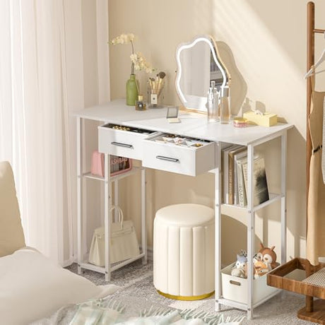 ThreeHio White Vanity Desk No Mirror, Small Makeup Table with Drawers, Girls Vanity Dressing Table with Storage Shlef for Bedroom, 37.3 Inches Compact Vanity for Small Spaces ThreeHio