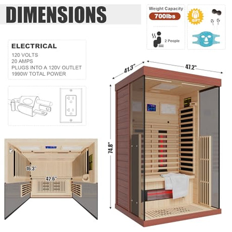 MEISSALIVVE Full Spectrum Infrared Sauna，1-2 Person Home Sauna，Red Cedar Indoor Sauna with Resonance Speaker, Panoramic Tempered Glass Door MEISSALIVVE