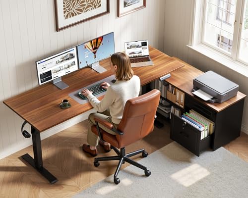 OffiGo 55 Inch L Shaped Electric Standing Desk with Drawers & File Cabinet Sets, Executive Sit Stand Desk, Height Adjustable Computer Desk for Home Office, Writing, Workstation, Walnut+Black OffiGo