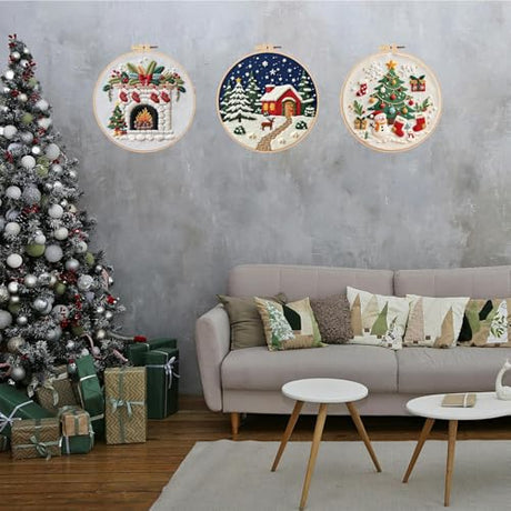 Smart-Feather 3pcs Embroidery kit for Holiday, Embroidery Kits for Christmas Cottage with Hoop for Adults with Hoop, DIY Art Project Craft Kit (Welcome) Smart-Feather