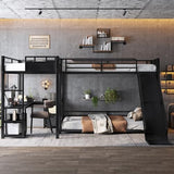 Metal Twin Over Full Bunk Beds with Twin Loft Bed, Heavy Duty Triple Bunk Bed Frame with Slide and Desk,L-Shaped Triple Bunk Beds with Storage Shelves for 3 Kids,Black Bellemave