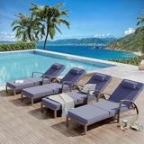 Set of 2 Chaise Lounge Chairs Outdoor, PE Rattan Wicker Poolside Recliners with 5-Position Adjustable Backrest, Blue Cushions, Armrests and Wheels, Patio and Garden Furniture for Beach and Backyard