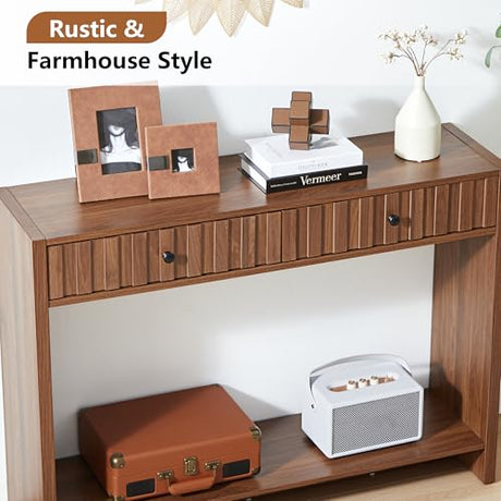 RUSTYER Console Table with Drawers, Narrow Mid-Century Fluted Entryway Table Sofa Table with Storage Shelf, Wood Entry Table Accent Behind Couch Table for Entrance, Hallway, Living Room (Walnut) RUSTYER