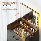 Lvifur 3 in 1 Vanity Desk with Flip Top Mirror and Lights,Glass Top Compact Vanity with 3Drawers &Rolling Stool, Modern Small Makeup Vanity Table w/Charging Station,Bedroom,Rustic Oak Lvifur