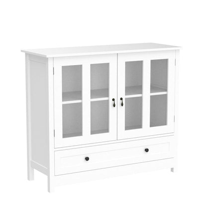 Large Buffet Cabinet for Living Room Kitchen, White Storage Sideboard with Glass Doors and Drawer, Credenza Console Table for Dining Room Entryway, Wooden Serve Cupboard Pantry Cabinet with S - WoodArtSupply