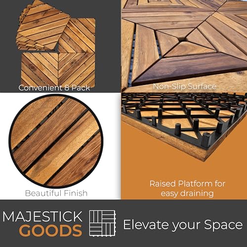 Interlocking Deck Tiles 8 Pack Diagonal - Snap Together Wood Flooring | 12 x 12 Acacia Hardwood Outdoor Flooring for Patio | Floor Decking Tile - Balcony Backyard Decor, Outside Wooden Patio Pavers Majestick Goods