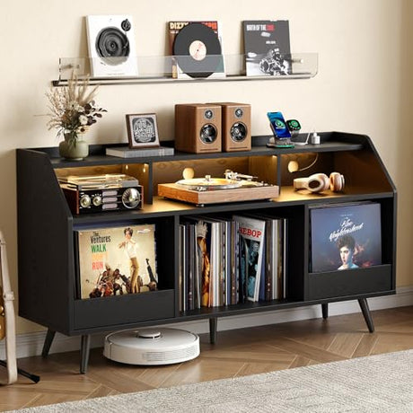 55 Inch Record Player Stand with LED Light, Modern Vinyl Record Storage Cabinet with 2 Drawers & Open Shelves, Holds up to 500 Albums, Turntable Stand w/Charging Station for Living Room Bedroom Black ONBRILL