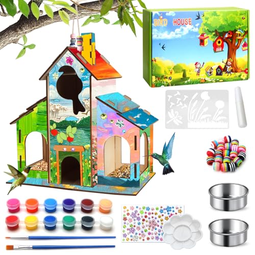 Crafts Bird Feeder, DIY Bird House Wood Craft Kit for Kids Ages 3-5 4-8 8-12,Build and Paint Wooden Bird House Feeder, DIY Wild Birdhouse Art Activities Crafts for Children Boys Girls Col-Pary