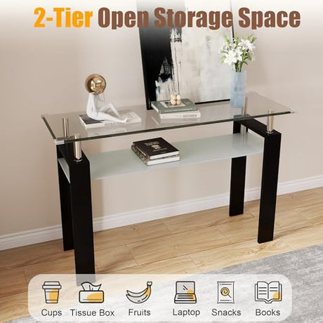 AMHDDT 47" 2-Tier Console Table with Tempered Glass Top and MDF Frame, Modern Black Rectangular Glass Entryway Table for Living Room, Apartment, Office, Easy to Assemble AMHDDT