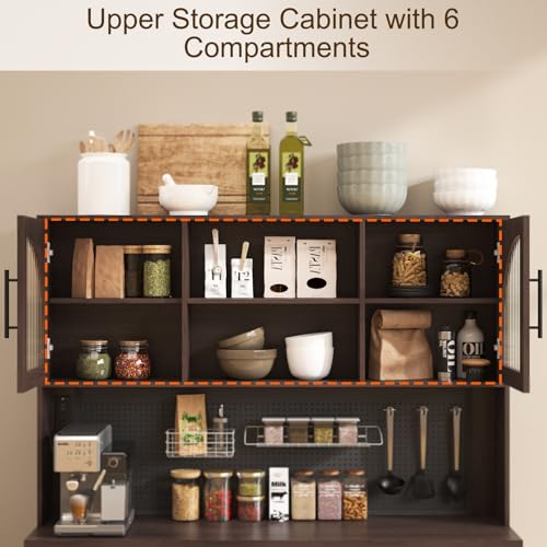 71" Pantry Cabinet, 54" Wide Kitchen Cabinet with Charging Station, Kitchen Hutch Storage with Pegboard and LED Light, Large Pantry Cabinets with Adjustable Shelves & Wine Rack for Dining Room, Brown SOLACE FURNITURE